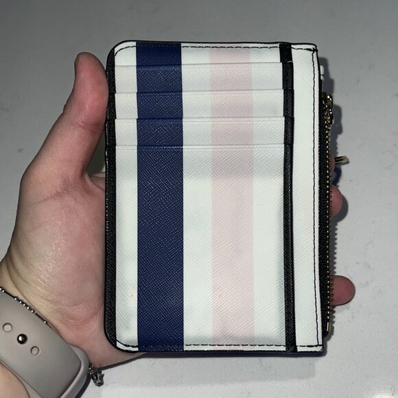 Kate Spade Laurel Way Bitsy Card Holder Zip Top with Keyring Blue Pink Stripe - Picture 3 of 10